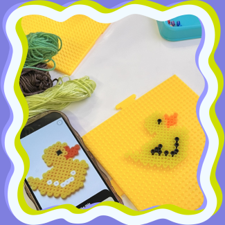 Craft Club design, waves lined square with photo of yellow ducky perler bead project