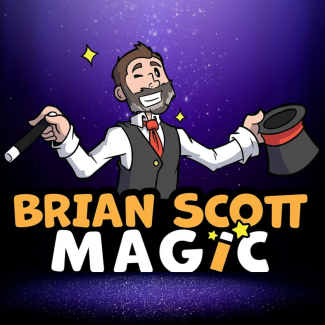 logo for Brian Scott magic with man holding magician's hat and magic wand. Stars are in the background of the image