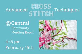 A photo of an unfinished cross stitch piece that uses the techniques from this class, with the event details written beside it