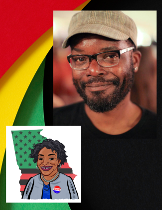 photo of artist Fred Noland - inset illustration of Stacey Abrams 