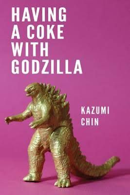 Godzilla plastic toy with purple background with words from title.