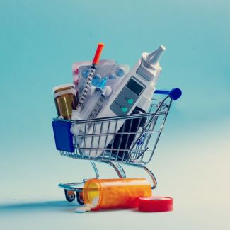 Shopping cart containing medical supplies.