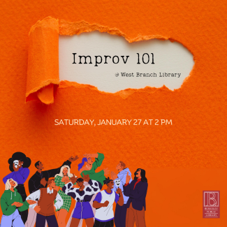 Orange background with picture of many people and text "Improv 101"