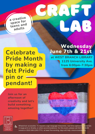 CraftLab June flyer - shows images of felt pride flags that participates can create if they attend this event. 