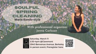 Glistening dew covered Spring greens background, picture of woman presenter looking joyful. 