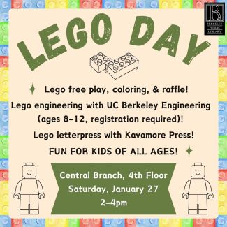 Beige and green flyer on colorful Lego background