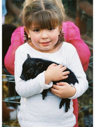 photo of girl holding baby pig