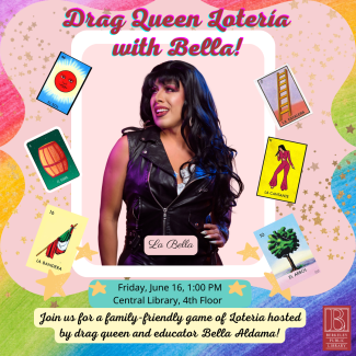 photo of Bella Aldama surrounded by loteria cards against a pink background with stars in front of a rainbow background