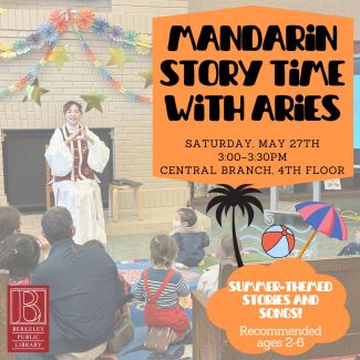 Flyer for event, including a photo of Tianxin Aries Wang in Traditional Dress during story time