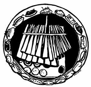 Mbira Music Group logo- a black and white drawing of a mbira