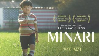 Minari movie poster showing a young boy standign in a field against an American flag background. This film is one of five award-winning films marking Asian American Heritage month at Claremont Branch in May