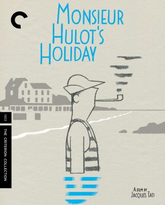 Criterion Collection cover for Monsiuer Hulot's Holiday - a sketch of a man in an old-fashioned one piece bathing suit, smoking a pipe while standing in the ocean