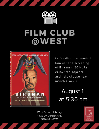 An image of a man with a superhero bird on his head and the words "Film Club at West: August's title is Birdman"