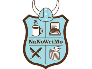 Coat of arms with a book, cup of coffee, pair of pens, and a computer