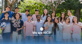 16 college-aged people lined up in two rows, with a logo and the phrase "We are NiCE" in white font. 