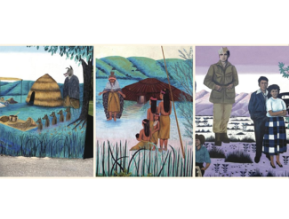 Scenes from Ohlone Park mural including ceremonial hut, teaching, and modern Ohlone family