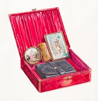 an opened red box containing a wallet and a few antique goods