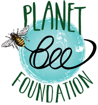 logo for Planet Bee: a blue planet with a bee spelling out the word bee with its stinger