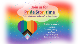 rainbow background with the words Join Us for Pride Storytime