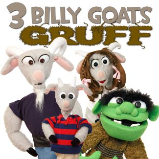 photo of three goat puppets and a green troll puppet from Three Billy Goats Gruff 