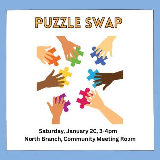 A white square on a blue background says "Puzzle Swap" in big yellow letters at the top. It has a picture of many hands touching multicolored puzzle pieces and says the date, time, and location of the event.