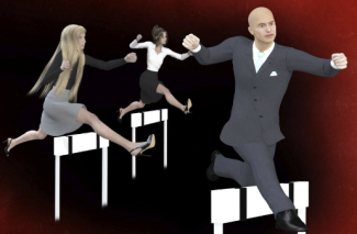 people in buisiness suits and skirts jumping hurdles