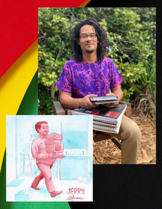photo of artist Rob Liu-Trujillo sitting in outside holding piles of sketchpads - inset picture of a piece of his artwork illustrating a man carrying computer monitors