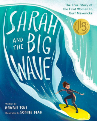 cover of book Sarah and the Big Wave, with painting of a big blue wave and a woman surfing it on a yellow surfboard