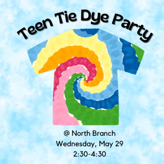 rainbow tie dye shirt on blue cloud background with event title in black