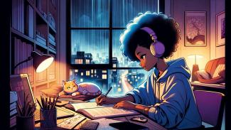 A teen with an afro, sitting at a desk, looking at a book, wearing headphones with a cat nearby