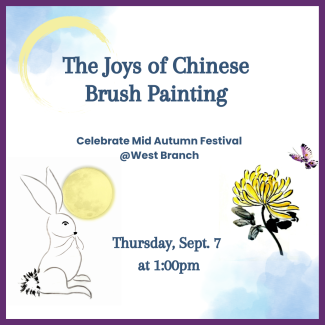 Text: Joys of Chinese Brush Painting with a picture of a bunny and moon, flower and butterfly