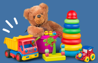 teddy bear, vehicles, and other toys