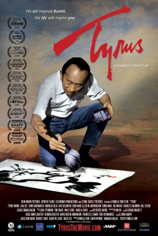 Tyrus Wong using a brush to create a painting on paper.