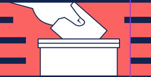 red, white and blue graphic of a hand placing a ballot in a ballot box