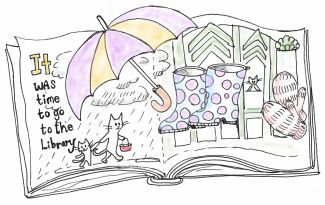 Open story book with the text "It was time to go to the library..." A parent and child cat are walking in the rain holding hands, and a blue and yellow umbrella, rain boots, and mittens are pictured in front of a large library building.