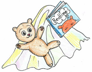 pencil drawn teddy bear lying on a blanket with book