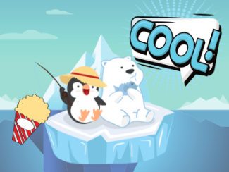 Cartoon Penguin and Polar Bear floating on ice with fishing pole and popcorn