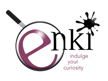 Magnifying glass and splotch of ink with text "enki"