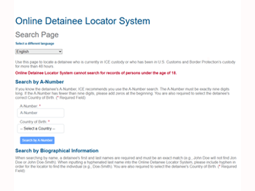Search interface for Online Detainee Locator System