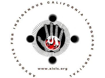 hand with fire on palm in center with organization's name " Advocates for Indigenous California Language Survival"