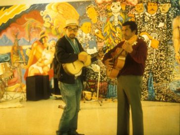 José Montoya and Esteban Villa with their guitars at the Royal Chicano Air Force Mural Show, held at the Robert Else Gallery, Ca