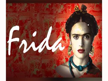 Frida in script over a red background with portrait of Frida Khalo