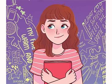 Girl holding a book and looking up to the left in front of a cloud of words