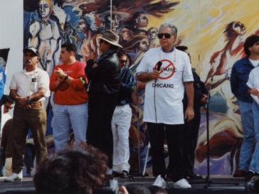 Rudy Acuña at a demonstration against the University of California, Santa Barbara (UCSB)