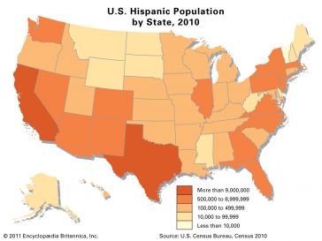 Map of US showing population of Hispanic Americans