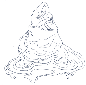 graphic drawing of a human wrapped in a flowing quilt