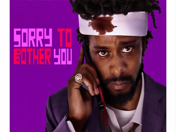African American man with bloody bandaged head and using phone. Text reads: "Sorry to Bother You"