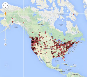 Map of North America with pins showing where bees were identified