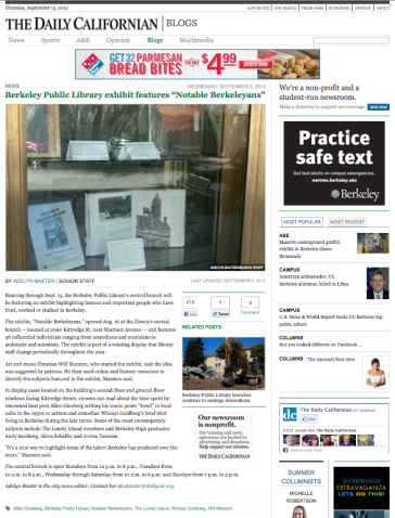 Screenshot of Daily Californian web page featuring Notable Berkeleyans