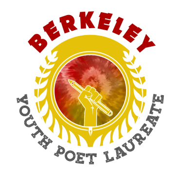 Berkeley Youth Poet Laureate logo, depicts a hand holding a pencil in a tie-dye red circle